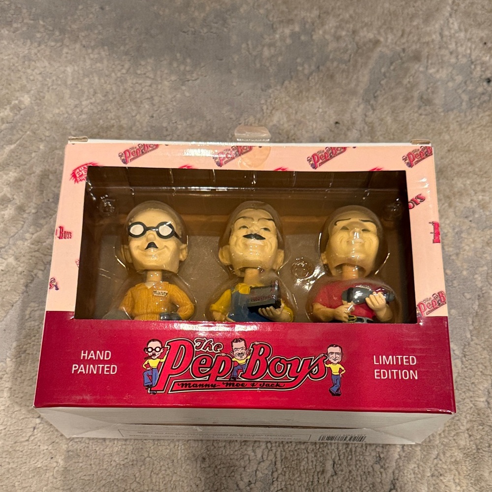 The Pep Boys Manny, Moe & Jack Hand Painted Limited Edition Bobble Head Figurine